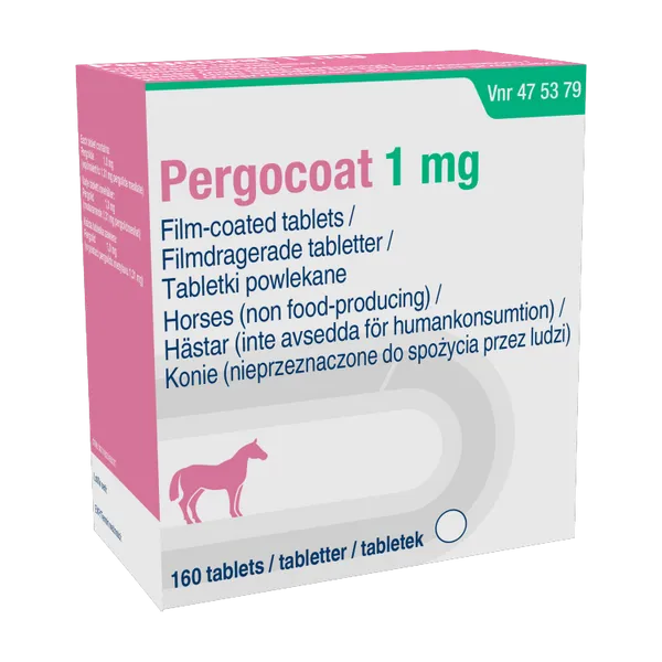 Pergocoat 1mg film-coated tablets for horses, carton of 160 tablets.