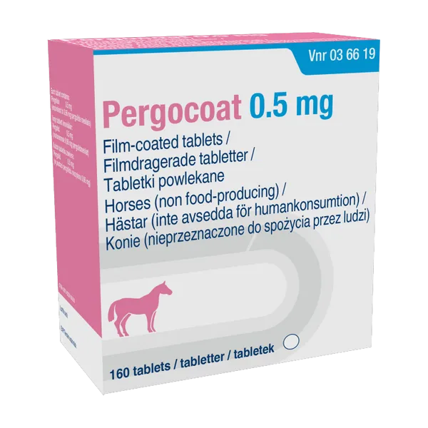 Pergocoat 0.5mg film-coated tablets for horses, carton of 160 tablets.