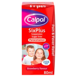 Calpol SixPlus Sugar Free Suspension, Paracetamol Medication, 6+ Years, Strawberry Flavour, 80ml