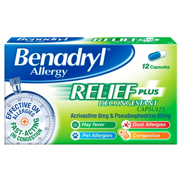 Benadryl Allergy Relief Plus Decongestant Capsules Pack of 12