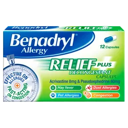 Benadryl Plus Capsules - Decongestant - Pack of 12