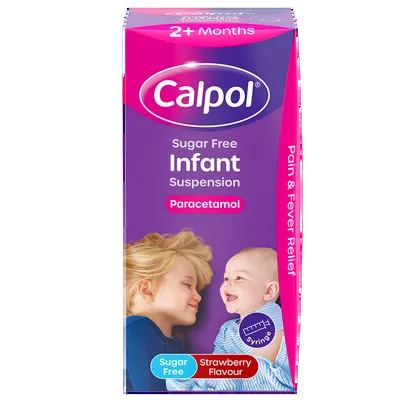 Calpol Sugar Free Infant Suspension, Paracetamol Medication, 2+ Months, Strawberry Flavour, 100ml
